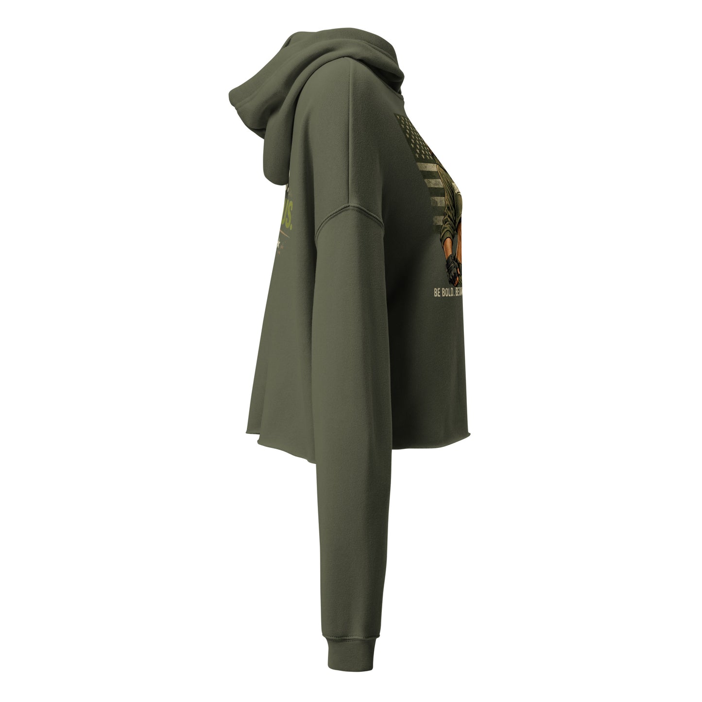 Women's military green BE Bold BE Dangerous crop hoodie T-shirt by OB DANGEROUS, designed for gym and street wear.