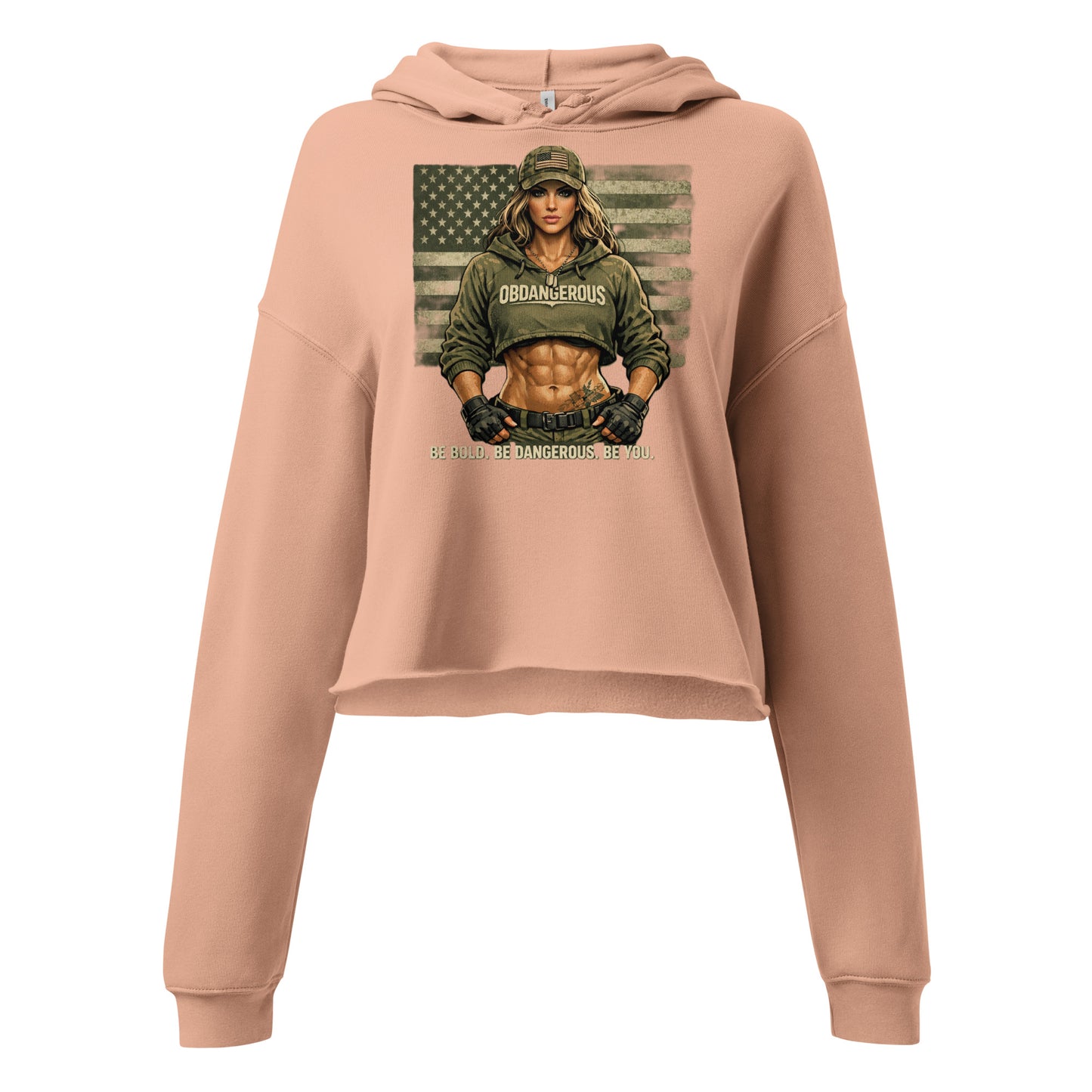 Women's peach BE Bold BE Dangerous crop hoodie T-shirt by OB DANGEROUS, featuring front design, ideal for gym and streetwear style.