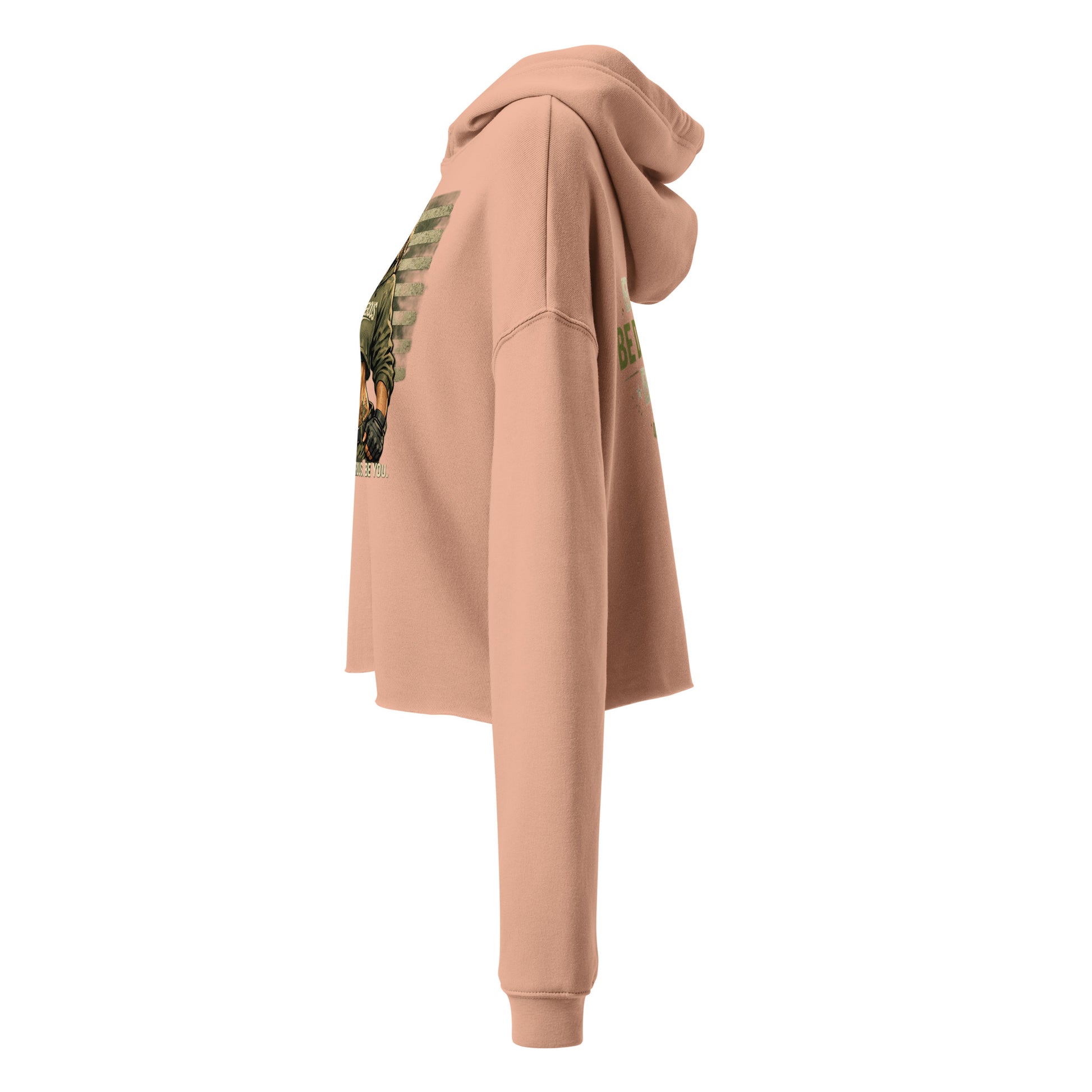 Women’s peach cropped hoodie from OB DANGEROUS, designed for gym and street wear, featuring “BE Bold BE Dangerous” print.