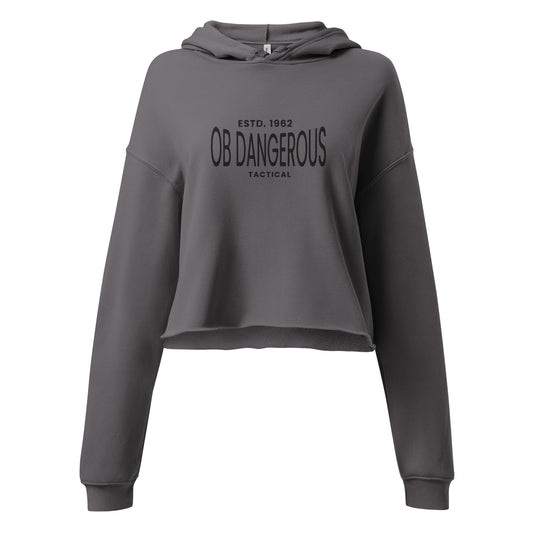 Women's cropped hoodie with tactical design, featuring bold graphics on the front, ideal for gym and streetwear styles.