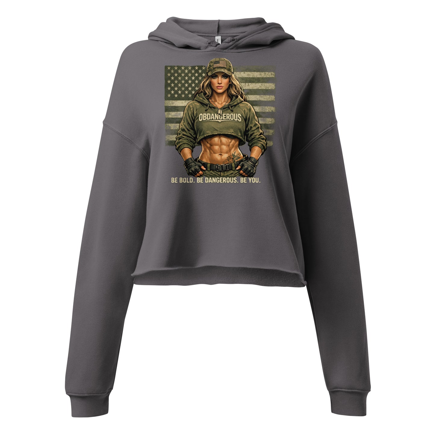 Women's BE Bold BE Dangerous cropped hoodie by OB DANGEROUS, featuring a front storm design, perfect for gym and street wear.