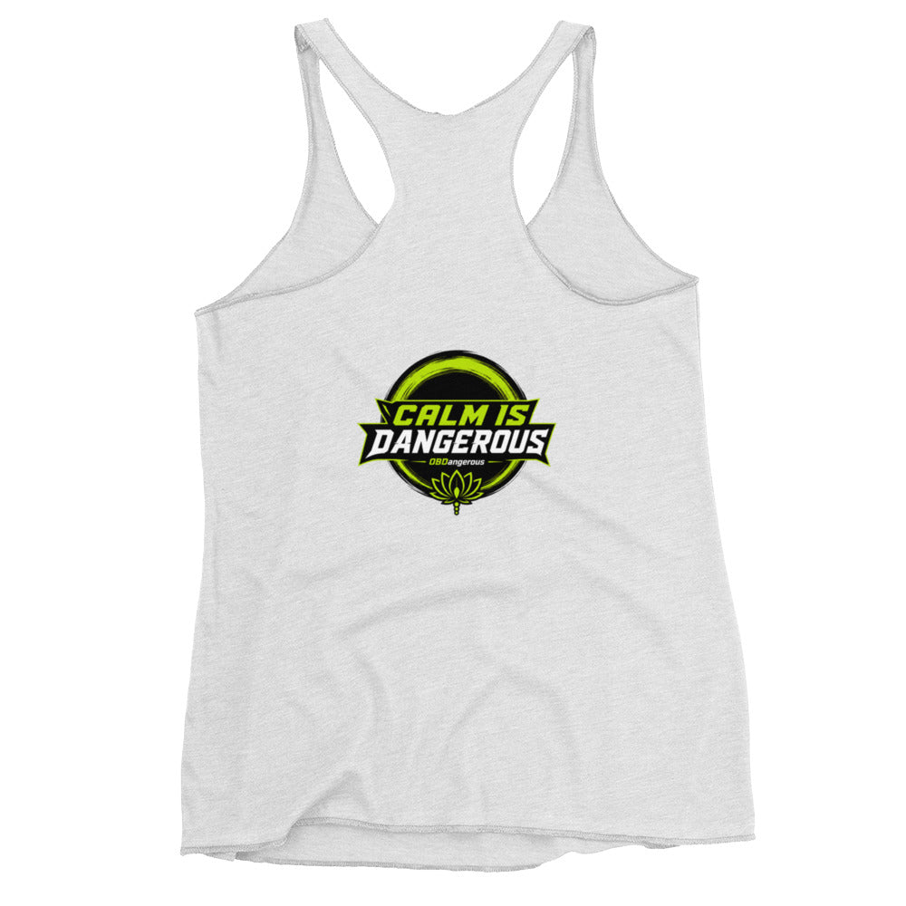 Heather white women's racerback tank top by OB DANGEROUS, designed for gym and street, showing back view with relaxed fit.