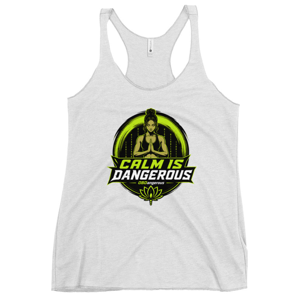 OB DANGEROUS Tao Calm women's racerback tank top in heather white, casual T-shirt for gym and streetwear style.