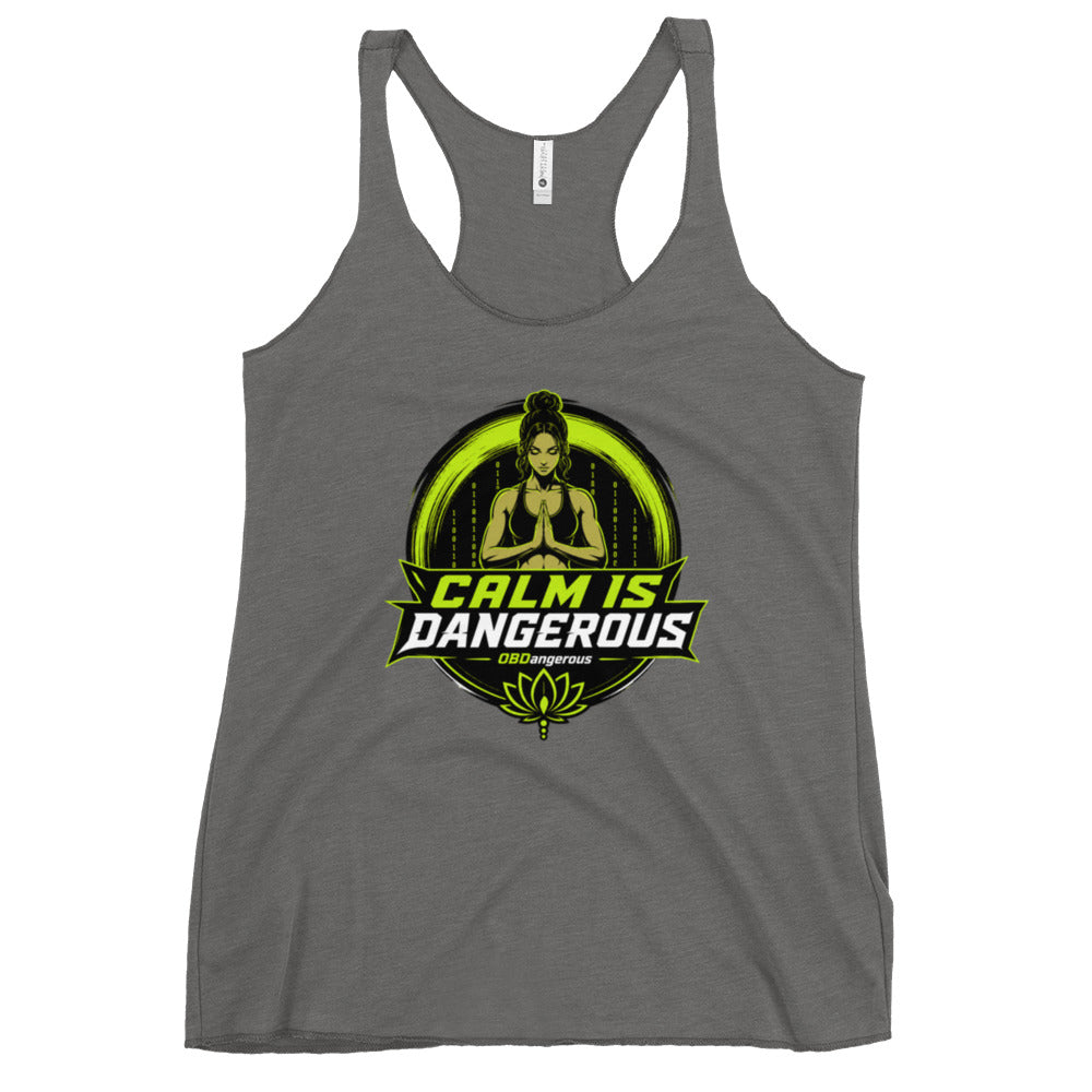 OB DANGEROUS OBD Tao Calm women's racerback tank top in premium heather fabric, front view showcasing stylish athletic T-shirt.