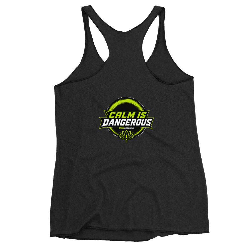 Women's vintage black racerback tank top by OB DANGEROUS, designed for gym and street wear, featuring a relaxed fit and stylish cut.