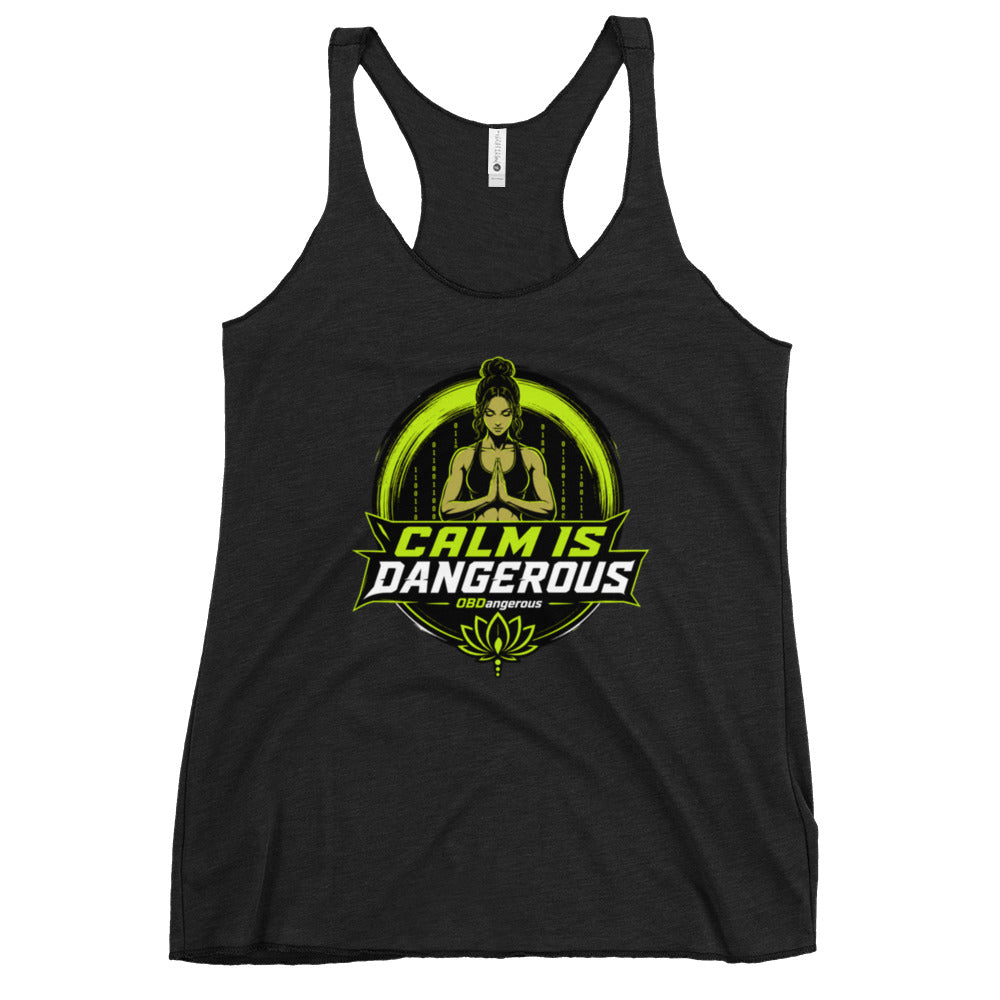 Vintage black OBD Tao Calm women's racerback tank top by OB DANGEROUS, featuring a stylish and comfortable fit for gym and streetwear.