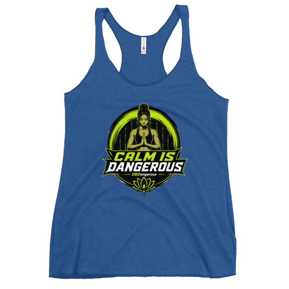 Women's OBD Tao Calm racerback tank top in vintage royal blue, casual fit, perfect for gym, street, and everyday wear.
