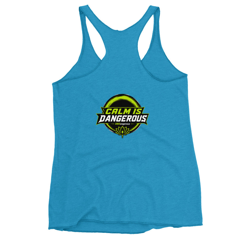 Women's turquoise racerback tank top by OB DANGEROUS, featuring a vintage design, perfect for gym, street, and casual wear.