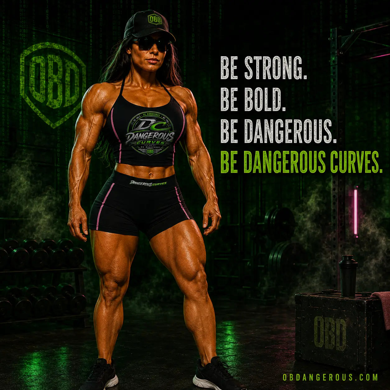 Dangerous Curves athlete wearing OBDangerous fitness apparel in a dark gym